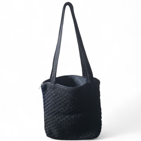 Vintage Y2K The Sak Black Crochet Shoulder Bag Medium Tote Purse Zip Boho - Picture 1 of 16